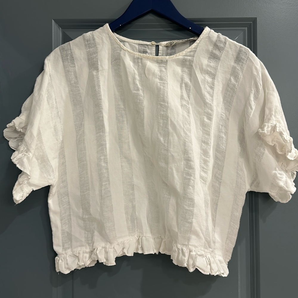 Zara crop flutter sleeve hem stripe linen sheer top